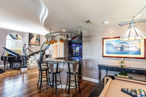 Billiard Table, Chandelier, Interior, Piano, Recessed Lighting, Wood Texture Flooring