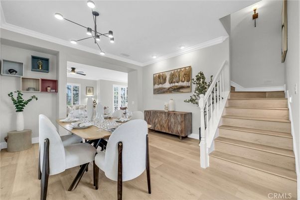 Dining room, Interior, Pendant Lights, Recessed Lighting, Wood Texture Flooring
