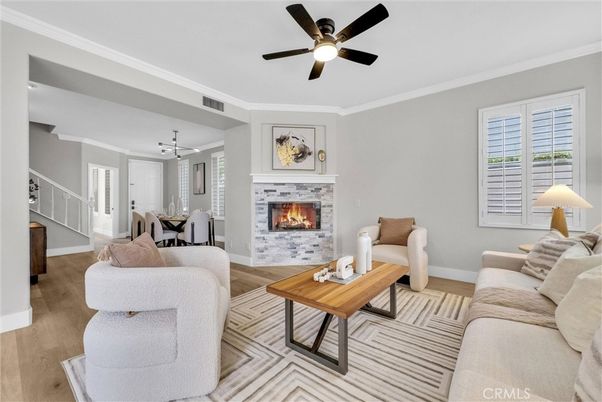 Dining room, Fireplace, Interior, Living room, Pendant Lights, Wood Texture Flooring