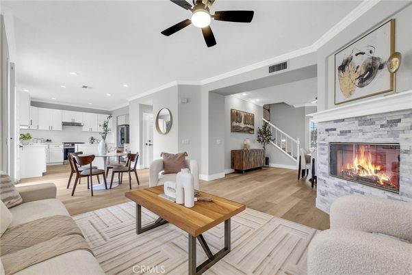 Dining room, Fireplace, Interior, Kitchen, Living room, Recessed Lighting, Wood Texture Flooring