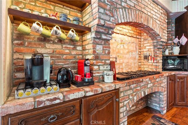 Fireplace, Interior, Kitchen, Stone Walls, Wood Texture Flooring