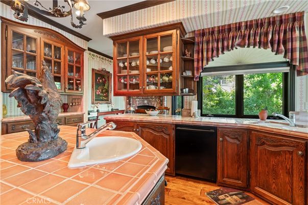 Interior, Kitchen, Tile Countertops, Wood Texture Flooring