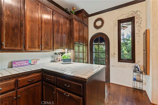 Interior, Kitchen, Tile Countertops, Wood Texture Flooring