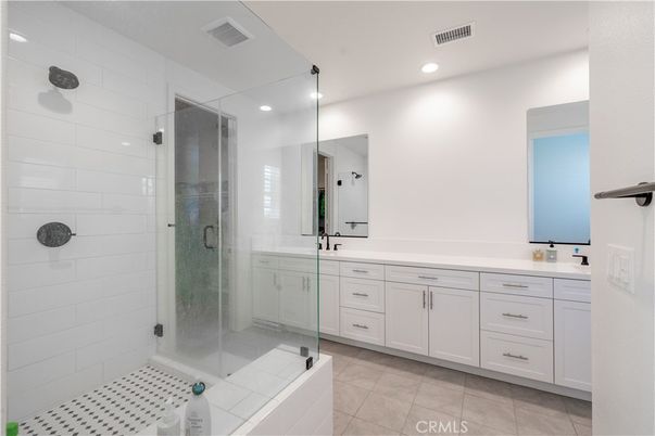 Bathroom, Dual Sink Vanities, Glass Shower, Interior, Recessed Lighting