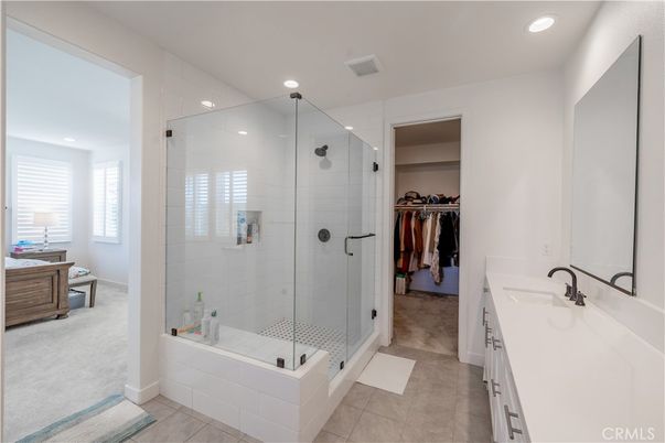 Bathroom, Dual Sink Vanities, Glass Shower, Interior, Recessed Lighting, Walk-in Closets