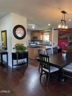 Dining room, Interior, Kitchen, Pendant Lights, Recessed Lighting, Wood Texture Flooring
