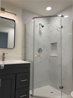 Bathroom, Glass Shower, Interior, Marble Walls, Recessed Lighting