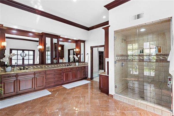 Bathroom, Dual Sink Vanities, Glass Shower, Interior, Recessed Lighting