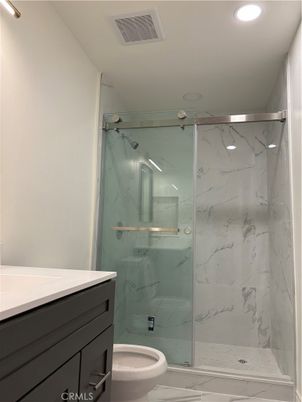 Bathroom, Glass Shower, Interior, Marble Walls, Recessed Lighting