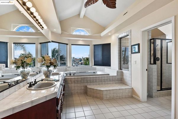 Bathroom, Dual Sink Vanities, Glass Shower, Interior, Recessed Lighting, Tile Countertops