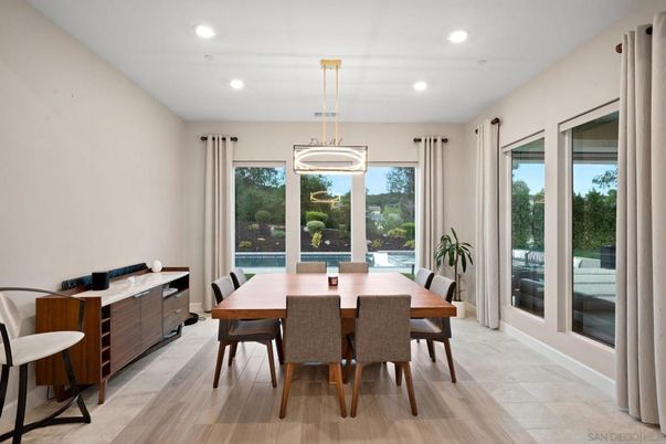 Dining room, Interior, Pendant Lights, Recessed Lighting, Wood Texture Flooring