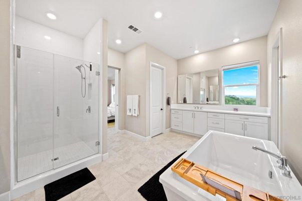 Bathroom, Dual Sink Vanities, Glass Shower, Interior, Recessed Lighting