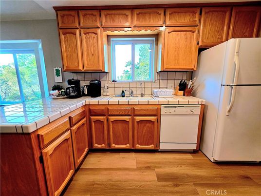 Interior, Kitchen, Tile Countertops, Wood Texture Flooring