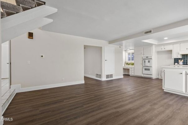 Empty room, Interior, Kitchen, Recessed Lighting, Wood Texture Flooring