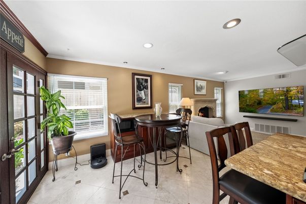 Dining room, Fireplace, Interior, Recessed Lighting