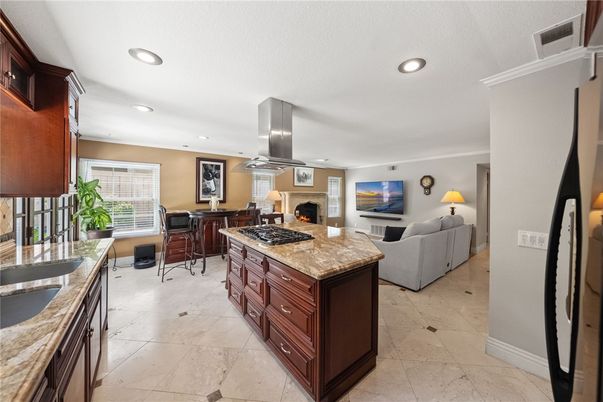 Fireplace, Interior, Kitchen, Living room, Recessed Lighting, Stainless Steel Appliances