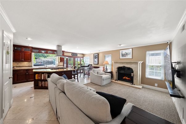 Dining room, Fireplace, Interior, Kitchen, Living room, Recessed Lighting