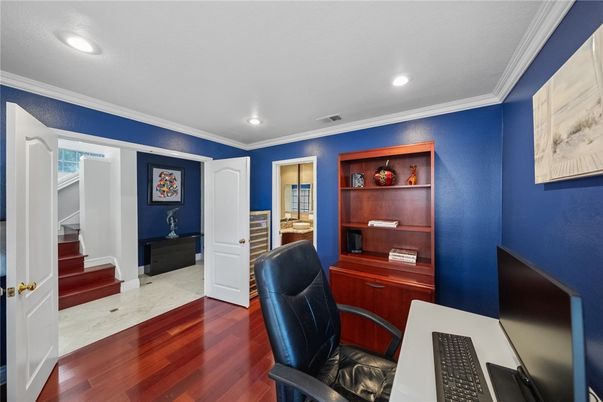 Home Office, Interior, Marble, Recessed Lighting, Wood Texture Flooring