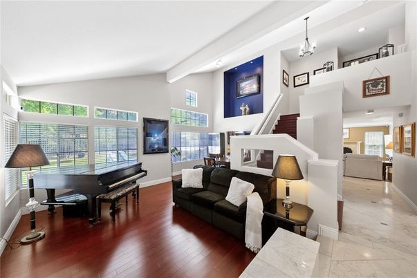 Fireplace, Interior, Living room, Pendant Lights, Piano, Wood Texture Flooring