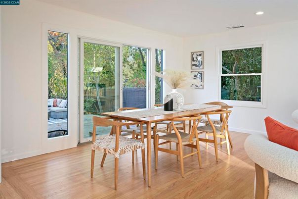 Dining room, Interior, Recessed Lighting, Wood Texture Flooring