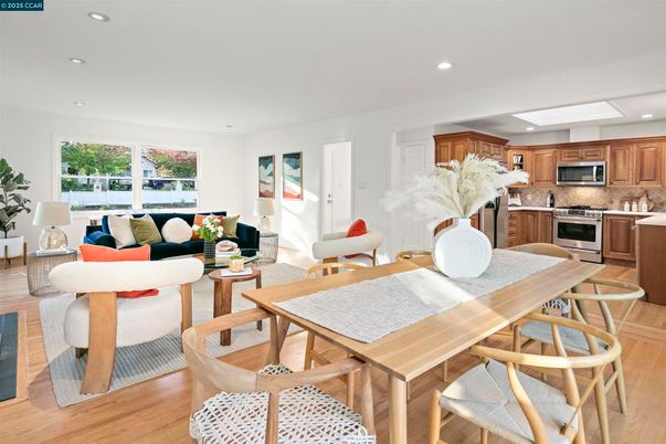 Dining room, Interior, Kitchen, Living room, Recessed Lighting, Stainless Steel Appliances, Wood Texture Flooring