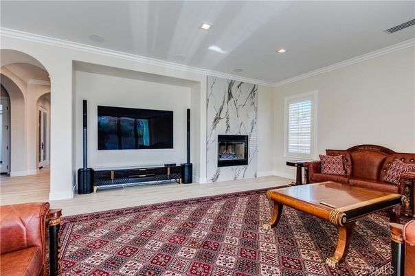 Fireplace, Interior, Living room, Recessed Lighting, Wood Texture Flooring