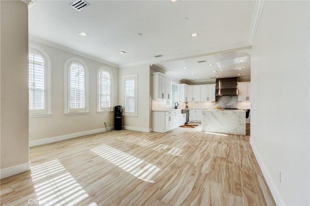 Interior, Kitchen, Marble Walls, Recessed Lighting, Wood Texture Flooring