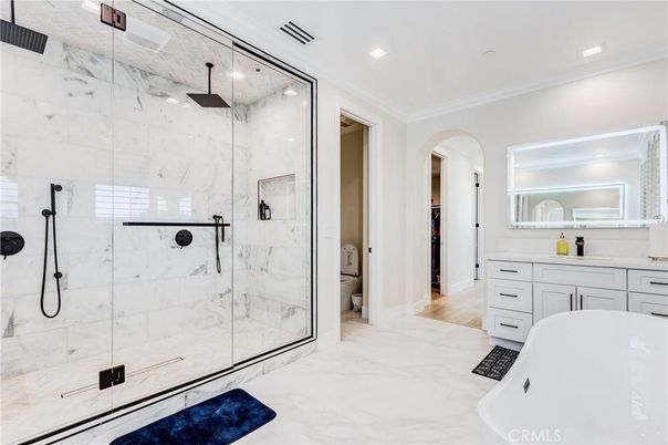 Bathroom, Free Standing Baths, Glass Shower, Interior, Marble, Marble Walls, Recessed Lighting