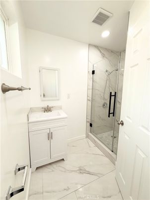 Bathroom, Glass Shower, Interior, Marble, Marble Walls, Recessed Lighting