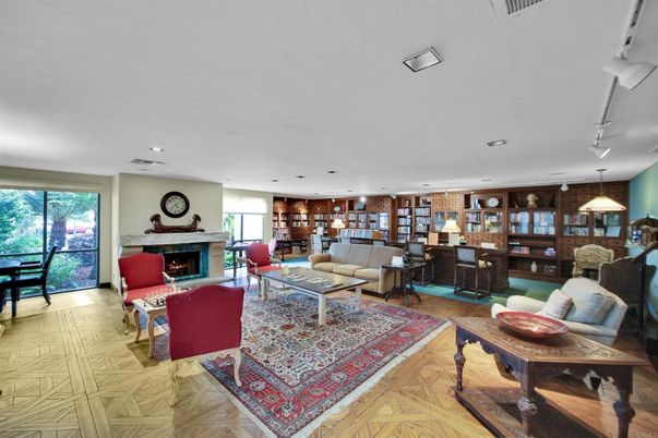 Dining room, Fireplace, Interior, Living room, Pendant Lights, Recessed Lighting, Wood Texture Flooring