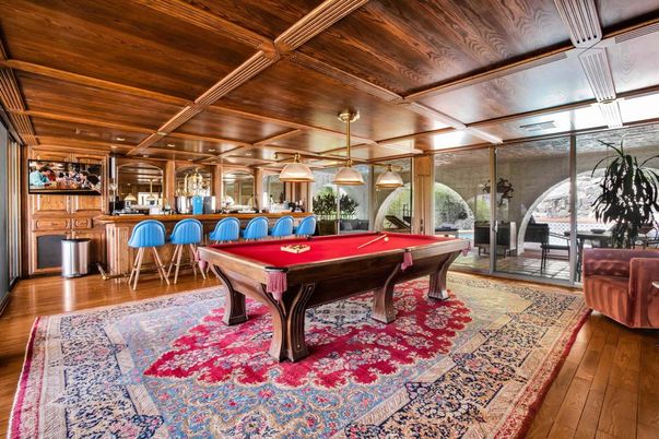 Billiard Table, Game Room, Interior, Pendant Lights, Wooden Ceilings, Wood Texture Flooring