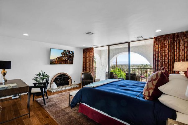Bedroom, Fireplace, Interior, Recessed Lighting, Wood Texture Flooring