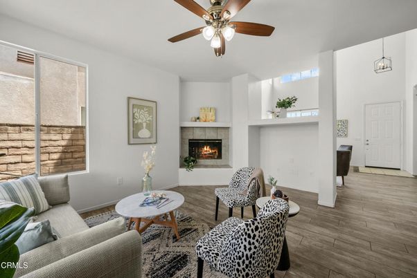 Fireplace, Interior, Living room, Pendant Lights, Wood Texture Flooring