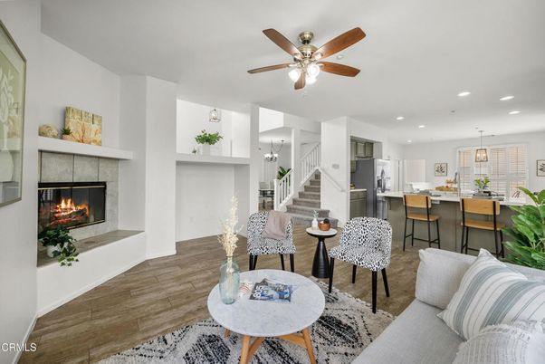 Dining room, Fireplace, Interior, Kitchen, Living room, Pendant Lights, Recessed Lighting, Wood Texture Flooring