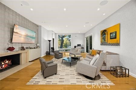 Fireplace, Interior, Living room, Recessed Lighting, Wood Texture Flooring