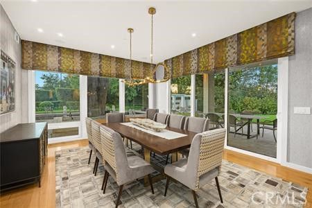 Dining room, Interior, Pendant Lights, Recessed Lighting, Wood Texture Flooring