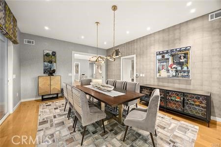 Dining room, Interior, Pendant Lights, Recessed Lighting, Wood Texture Flooring
