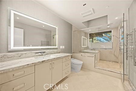Bathroom, Dual Sink Vanities, Glass Shower, Interior, Recessed Lighting