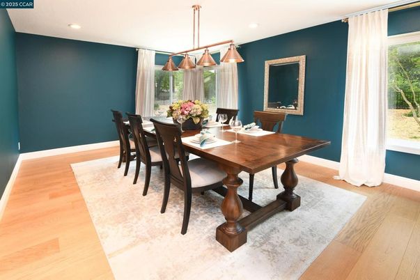 Dining room, Interior, Pendant Lights, Recessed Lighting, Wood Texture Flooring
