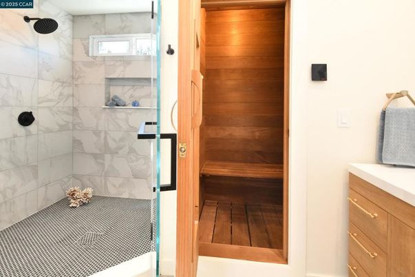 Bathroom, Glass Shower, Interior, Marble Walls, Sauna Room