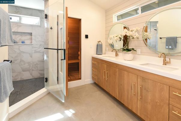 Bathroom, Dual Sink Vanities, Glass Shower, Interior, Marble Walls