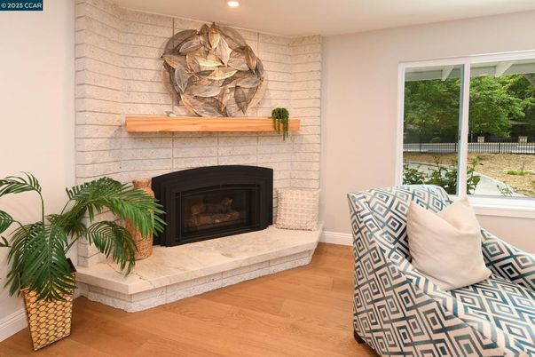 Fireplace, Interior, Recessed Lighting, Stone Walls, Wood Texture Flooring