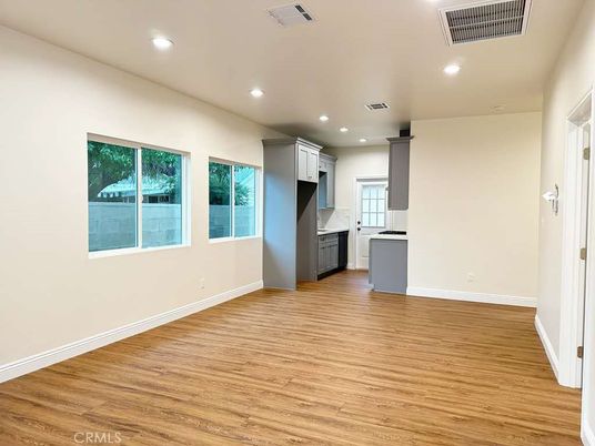 Empty room, Interior, Kitchen, Recessed Lighting, Wood Texture Flooring
