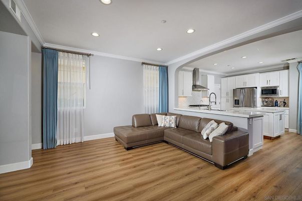 Interior, Kitchen, Living room, Recessed Lighting, Stainless Steel Appliances, Wood Texture Flooring