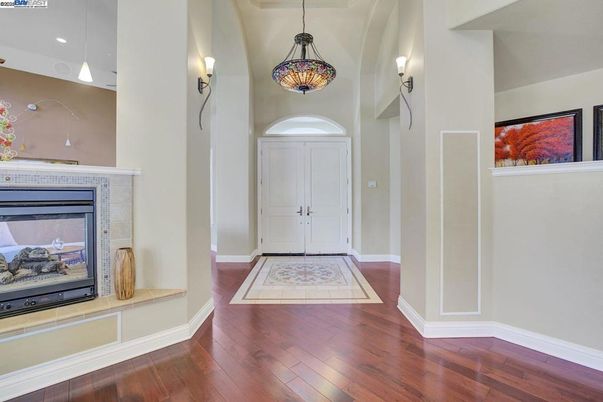 Fireplace, Interior, Pendant Lights, Recessed Lighting, Wood Texture Flooring