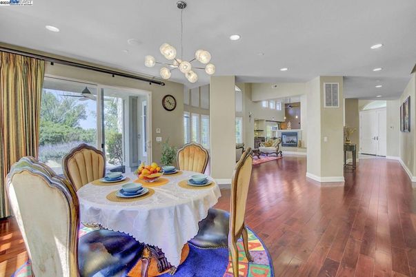 Dining room, Interior, Pendant Lights, Recessed Lighting, Wood Texture Flooring