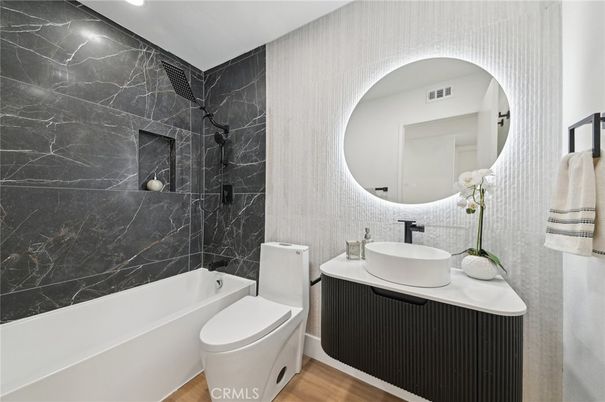 Bathroom, Interior, Marble Walls, Recessed Lighting, Wood Texture Flooring