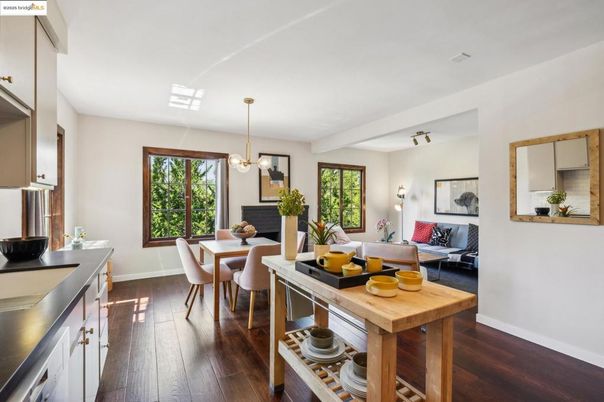 Dining room, Interior, Living room, Pendant Lights, Wood Texture Flooring