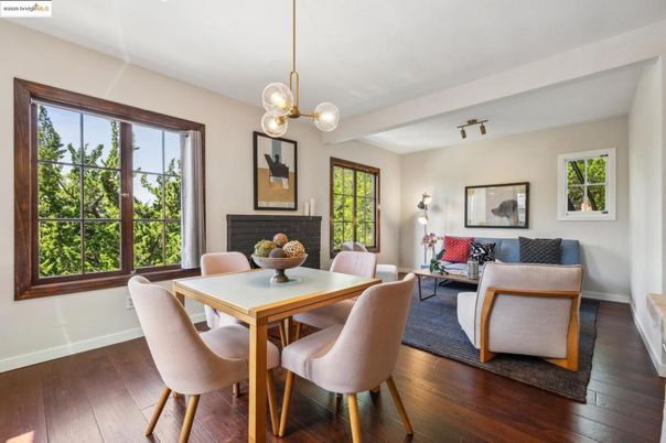 Dining room, Fireplace, Interior, Living room, Pendant Lights, Wood Texture Flooring