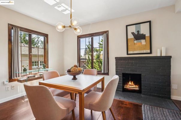 Dining room, Fireplace, Interior, Pendant Lights, Wood Texture Flooring
